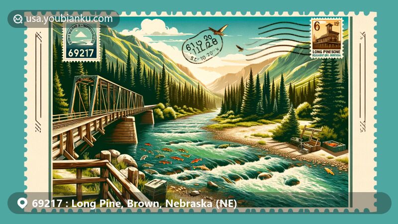 Modern illustration of Long Pine, Brown County, Nebraska, highlighting scenic Long Pine State Recreation Area with lush pine trees, crystal-clear Long Pine Creek, rainbow and brown trout, rustic bridge, vintage postcard layout, and iconic steel bridge.