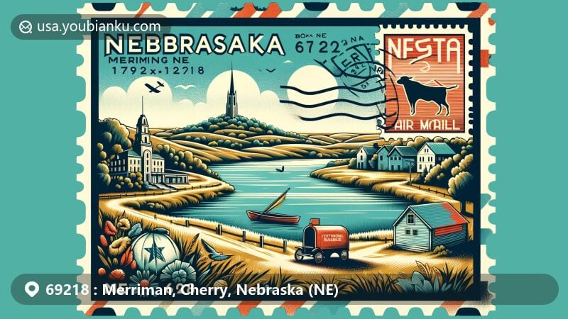 Modern illustration of Merriman, Nebraska, showcasing postal theme with ZIP code 69218, featuring Bowring Ranch State Historical Park and Cottonwood Lake State Recreation Area.