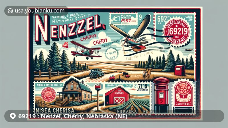 Modern illustration of Nenzel, Cherry County, Nebraska, highlighting Samuel R. McKelvie National Forest, Sandhills, and Niobrara Valley Vineyards. Includes postal elements like stamps, '69219 Nenzel, NE' stamp, and red mailbox.