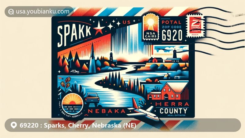 Modern illustration of Sparks, Cherry County, Nebraska, showcasing postal theme with ZIP code 69220, featuring Cherry County silhouette, Niobrara River, and Smith Falls.