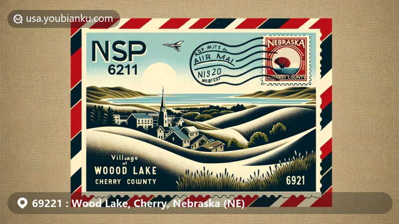 Creative illustration of Wood Lake, Cherry County, Nebraska, featuring rural charm in the scenic Sandhills region, with air mail envelope design symbolizing postal communication and showcasing natural beauty. Nebraska state flag and Cherry County outline integrated subtly, with vintage-style postage stamp emphasizing local landmarks like Fort Niobrara National Wildlife Refuge or expansive sand dunes. ZIP code 69221 displayed prominently, along with decorative postal cancellation mark commemorating Wood Lake's founding year, 1882.