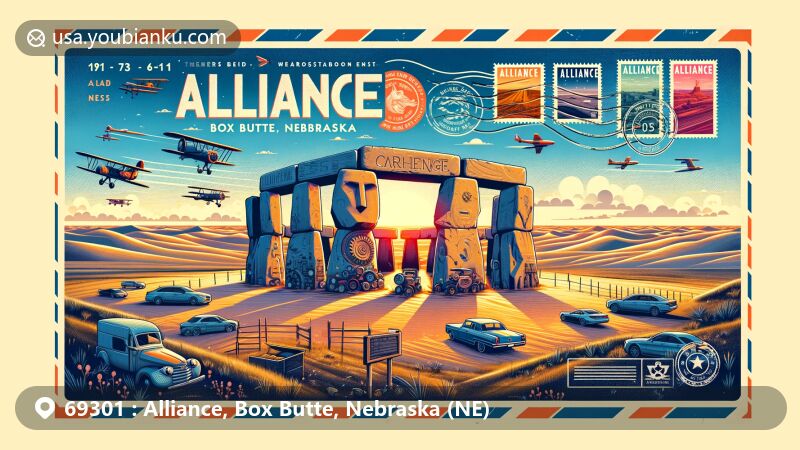 Modern illustration of Alliance, Box Butte, Nebraska, showcasing iconic Carhenge and Sand Hills, with a postal theme including vintage airmail envelope, Nebraska state symbols, and postmark 'Alliance, NE 69301'.