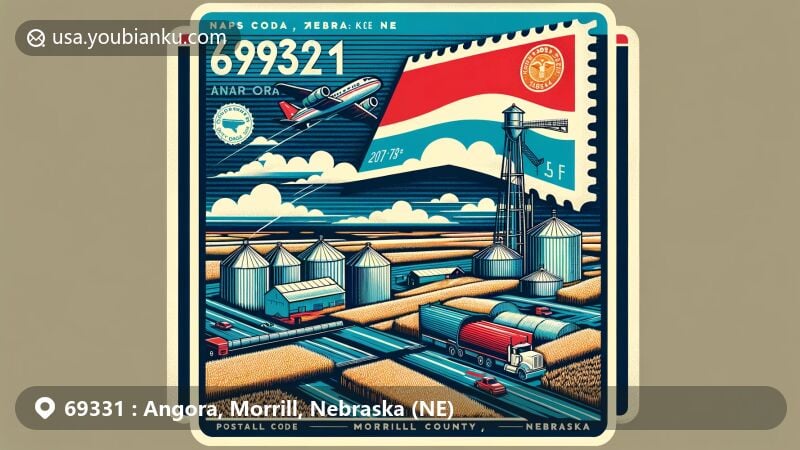 Modern illustration of Angora, Morrill County, Nebraska, featuring airmail envelope theme with ZIP code 69331, highlighting Nebraska state flag, postmark, and local landscape with grain bins and U.S. Highway 385.