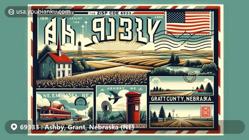 Modern illustration of Ashby, Grant County, Nebraska, in ZIP code 69333, featuring rural landscapes, Nebraska state flag, and postal theme with vintage stamp and postmark.