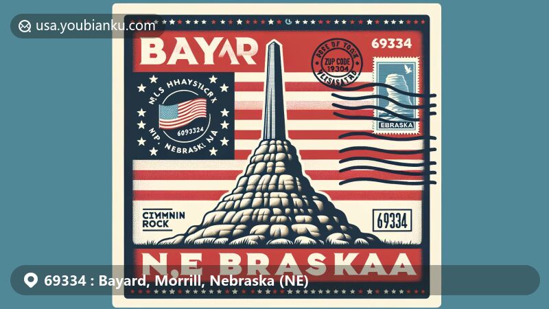 Modern illustration of Bayard, Nebraska, highlighting postal theme with ZIP code 69334, featuring Chimney Rock and Nebraska state flag.