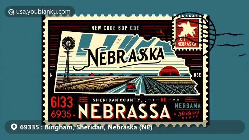 Modern illustration of Bingham, Sheridan County, Nebraska (NE), showcasing regional charm with Nebraska silhouette, vintage postage stamp, and vast agricultural landscapes, featuring ZIP code 69335.