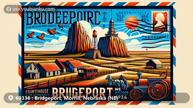 Modern illustration of Bridgeport, Nebraska, showcasing postal theme with ZIP code 69336, featuring iconic Courthouse and Jail Rocks against Nebraska plains, capturing pioneering spirit and historical significance.