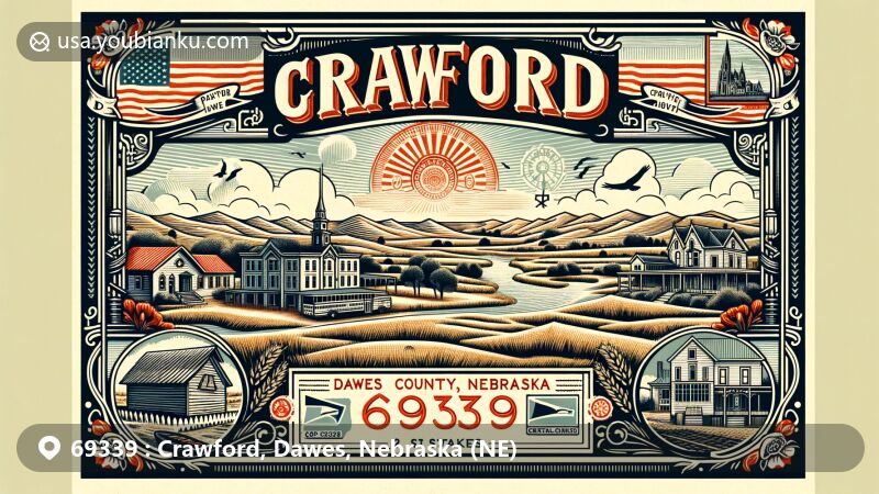 Modern illustration of Crawford, Dawes County, Nebraska, showcasing postal theme with ZIP code 69339, highlighting landmarks and natural beauty, including the Great Plains landscape and regional symbols.