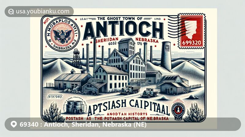 Modern illustration of Antioch, Sheridan, Nebraska, showcasing postal theme with ZIP code 69340, blending potash history and modern elements, featuring Nebraska state symbols.