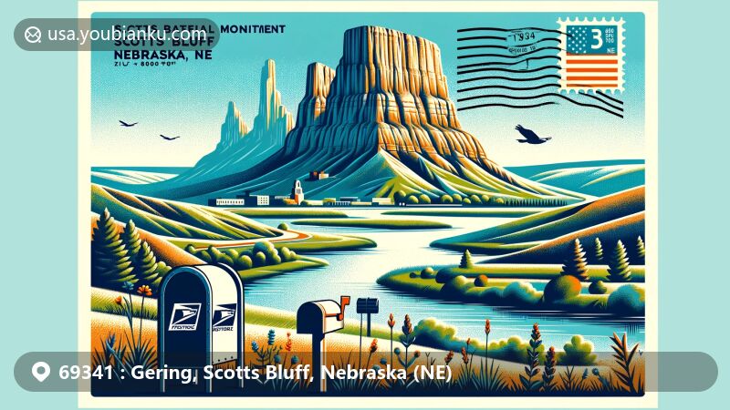Modern illustration of Gering, Scotts Bluff, Nebraska, showcasing postal theme with ZIP code 69341, featuring Scotts Bluff National Monument and Wildcat Hills.