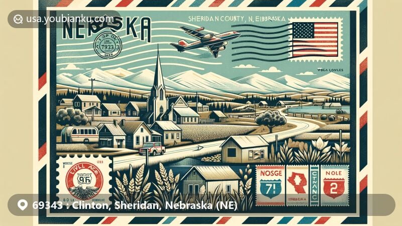 Modern illustration of Clinton village, Sheridan County, Nebraska, highlighting ZIP code 69343 and U.S. Route 20, featuring Nebraska state flag, local wildlife, air mail elements, vintage postage stamps, and postmark.