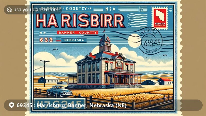 Modern illustration of Harrisburg, Banner County, Nebraska, highlighting Banner County Museum and rural landscape, with vintage postal theme including ZIP code 69345, featuring Nebraska state flag.