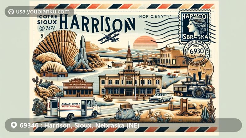 Vibrant wide-format illustration of Harrison, Sioux County, Nebraska, with ZIP code 69346, resembling a modern postcard or air mail envelope. Features Agate Fossil Beds National Monument, IOOF and Opera House, Sioux County Historical Museum, and Coffeeburger from Sioux Sundries.