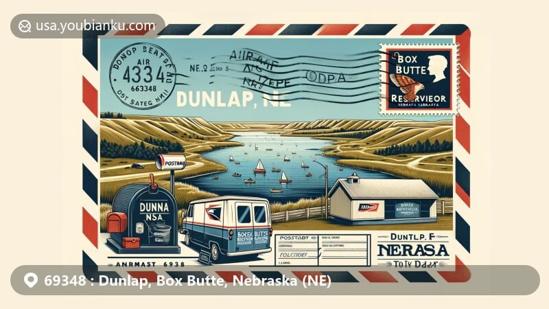 Modern illustration of Dunlap, Box Butte, Nebraska, featuring Box Butte Reservoir in an airmail envelope with a postcard showing scenic landscape, adorned with postal elements and NE state flag.