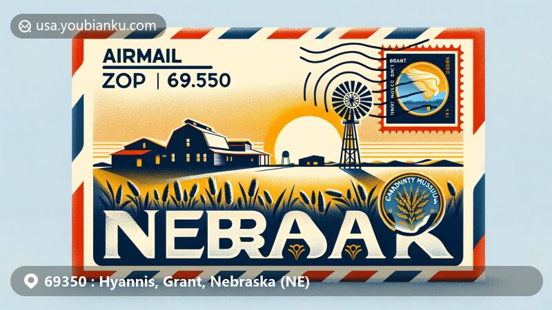 Modern illustration of Hyannis, Nebraska, emphasizing airmail theme with ZIP code 69350, showcasing Sandhills prairies and Grant County Museum.