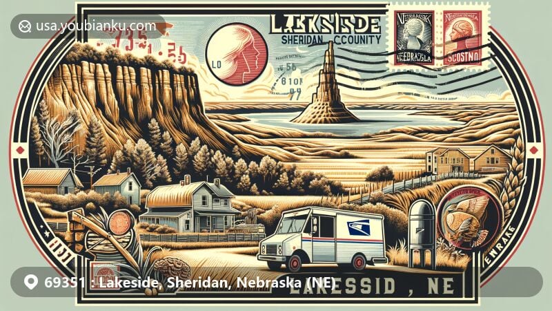 Modern illustration of Lakeside, Sheridan County, Nebraska (NE), highlighting iconic landscapes including Chimney Rock, Toadstool Geologic Park, and Scotts Bluff National Monument, styled as a vintage postcard with postal elements.