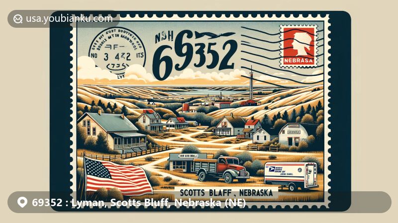 Modern illustration of Lyman, Scotts Bluff County, Nebraska, showcasing postal theme with ZIP code 69352, highlighting semi-arid landscape and symbolic elements of Nebraska state flag and Scotts Bluff County. The artwork features vintage postage stamp, postal mark, and old-fashioned mailbox or mail truck, mirroring Nebraska's earth tones with hints of green and blue.