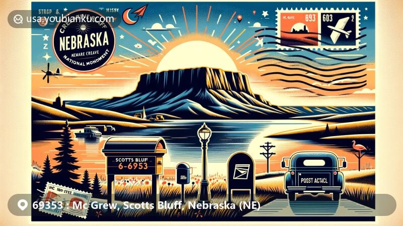 Modern illustration of Scotts Bluff National Monument, Mc Grew, Nebraska, highlighting postal theme with ZIP code 69353, featuring vintage mailbox, mail truck, stamps, and postmarks.
