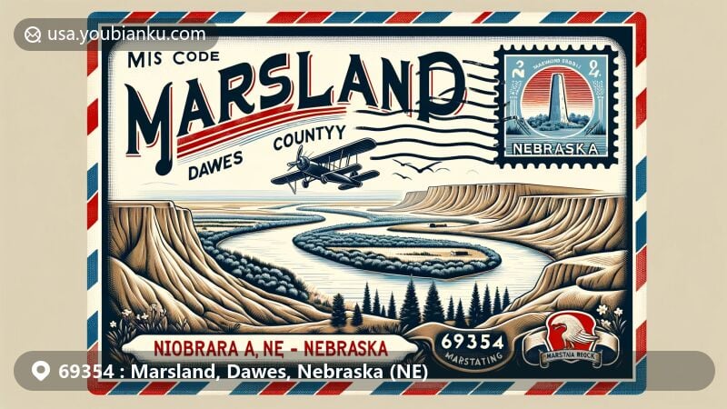 Modern illustration of Marsland, Dawes County, Nebraska, featuring unique landscape and postal heritage with vintage airmail envelope, Niobrara River, Nebraska state flag, Chimney Rock stamp, and Marsland postal cancellation mark.