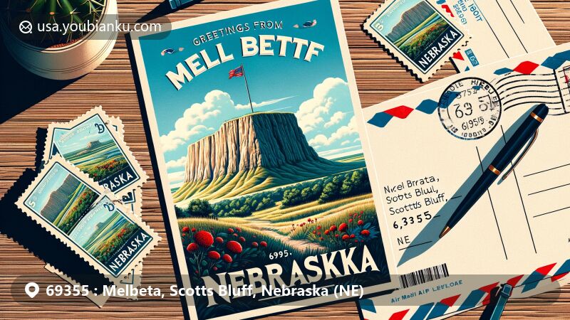 Modern illustration of scenic Scotts Bluff National Monument in Melbeta, Scotts Bluff County, Nebraska, featuring postcard theme with 'Greetings from Melbeta, Nebraska - 69355', vintage stamps, and airmail envelope.