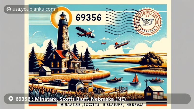 Modern illustration of Minatare, Scotts Bluff, Nebraska, featuring Lake Minatare and Plains Lighthouse, portraying recreational activities and agricultural landscape with ZIP code 69356.