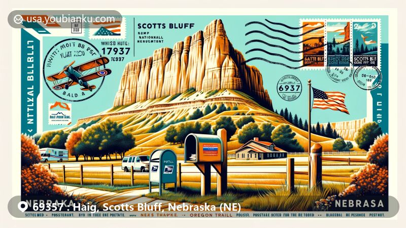 Modern illustration of Haig, Scotts Bluff County, Nebraska, showcasing postal theme with ZIP code 69357, featuring Scotts Bluff National Monument, Oregon Trail, and pioneer history.