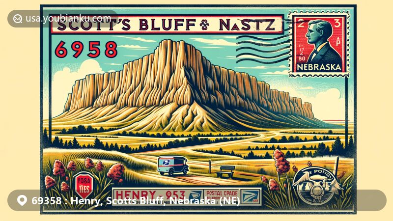 Illustration of Henry, Scotts Bluff County, Nebraska, featuring postal theme with ZIP code 69358, centered around Scotts Bluff National Monument and showcasing local vegetation, geological formations, mixed-grass prairies, and vintage postal motifs.