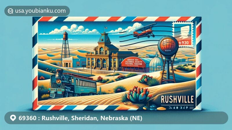 Modern illustration of Rushville, Nebraska, showcasing postal theme with ZIP code 69360, featuring Sheridan County Historical Museum and Plains Theatre.
