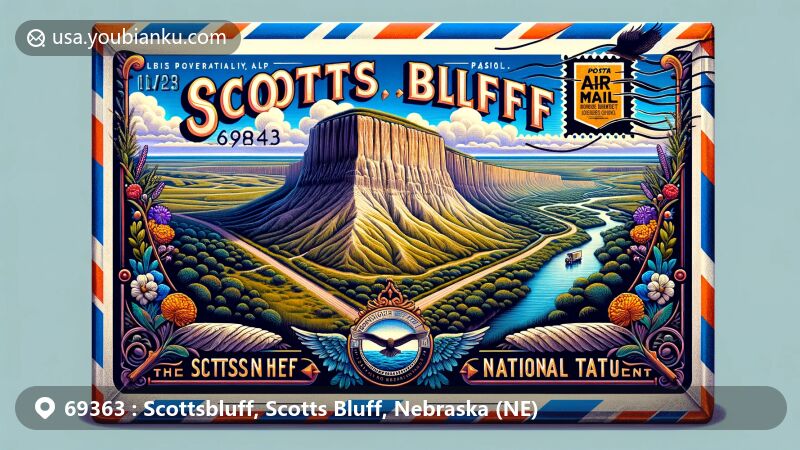 Modern illustration of Scotts Bluff National Monument in Scottsbluff, Nebraska, styled as an air mail envelope with ZIP code 69363, featuring local flora, fauna, Oregon Trail, and Nebraska state flag.