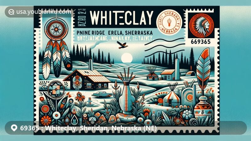 Modern illustration of Whiteclay, Sheridan, Nebraska, representing ZIP code 69365, showcasing the connection to Pine Ridge Indian Reservation and Oglala Sioux Tribe, featuring Whiteclay Makerspace, Native American art motifs, and symbols of community and healing.