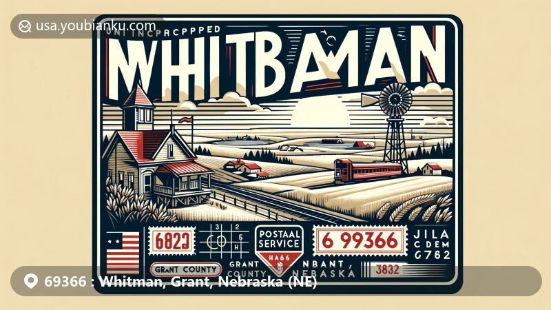 Modern illustration of Whitman, Grant County, Nebraska, inspired by its postal theme with ZIP code 69366, showcasing the rural landscape along Nebraska Highway 2.