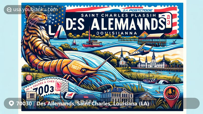 Creative illustration of Des Allemands, Saint Charles Parish, Louisiana, Zip Code 70030, featuring Bayou des Allemands and Louisiana state symbols.