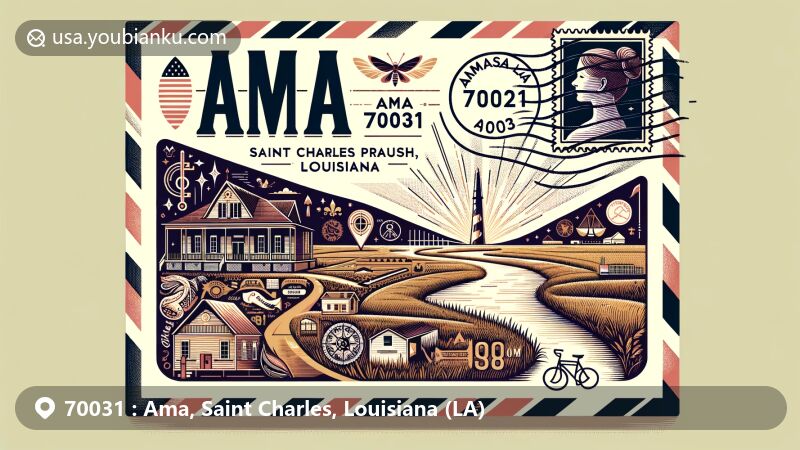 Modern illustration of Ama, Saint Charles Parish, Louisiana, representing ZIP code 70031 with a creative airmail envelope design showcasing cultural elements like Alice Plantation, the Mississippi River, and German heritage symbols.
