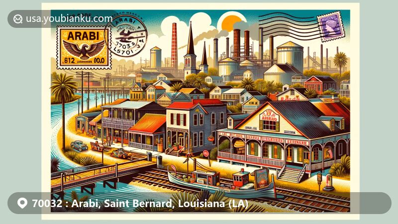Modern illustration of Arabi, Louisiana, showcasing postal theme with ZIP code 70032, featuring the Domino Sugar Refinery and historic buildings from the Old Arabi Historic Districts.