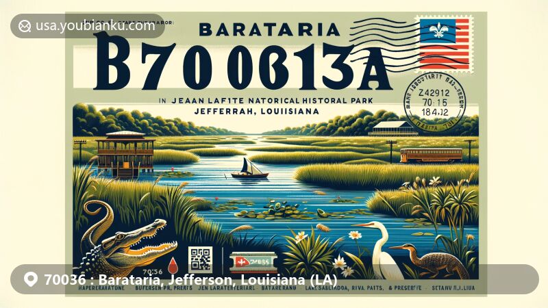 Modern illustration of Barataria area in Jefferson Parish, Louisiana, showcasing lush wetlands, Lake Salvador, Bayou Barataria, Jean Lafitte National Historical Park, state symbols, and postal theme with ZIP code 70036.