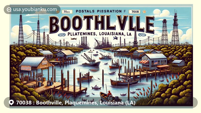Modern illustration of Boothville, Plaquemines Parish, Louisiana, featuring fishing and oil and gas industries, post-Hurricane Katrina, with zip code 70038, showcasing fishing boats, offshore oil rigs, and lush riverine environment.