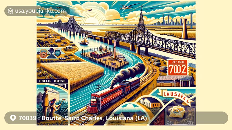 Modern illustration of Boutte, Saint Charles Parish, Louisiana, showcasing iconic Hale Boggs Memorial Bridge, sugarcane fields, and Mississippi River, with nods to German settlers and Acadian culture, featuring a stylized postal theme with ZIP code 70039.