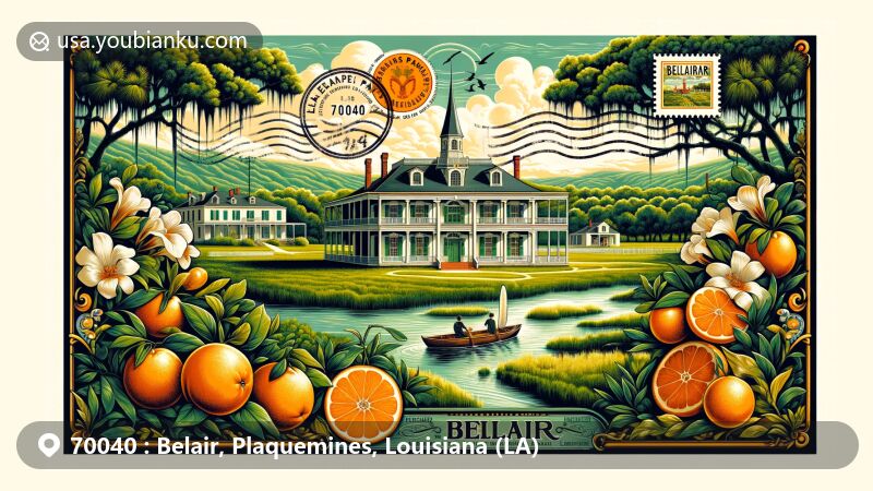Modern illustration of Belair, Plaquemines Parish, Louisiana, featuring Belair Plantation and local symbols like persimmon trees, the Mississippi River, citrus fruits, and Louisiana state flag.