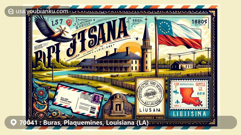 Modern illustration of Buras area, Plaquemines Parish, Louisiana, portraying historic Fort Jackson in a creative postcard style with air mail envelope theme and ZIP Code 70041.