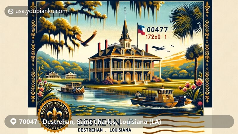 Modern illustration of Destrehan, Saint Charles Parish, Louisiana, showcasing historical significance of Destrehan Plantation against backdrop of Mississippi River and live oaks covered in Spanish moss.