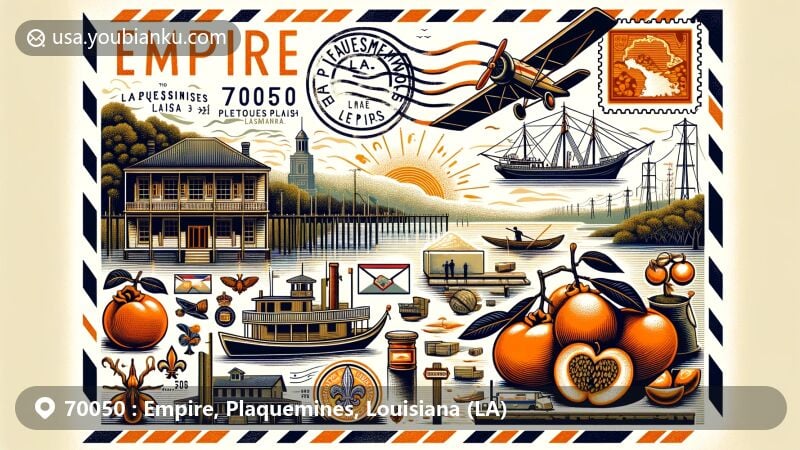 Modern illustration of Empire, Plaquemines Parish, Louisiana, showcasing geographical features, local culture, history, and postal theme with ZIP code 70050, including persimmons, Fort Jackson, fishing, citrus farming, vintage air mail elements, Louisiana state flag, postmark 'Empire, LA 70050,' mailbox, and steamboat.