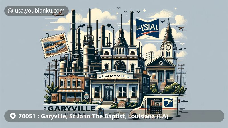 Modern illustration of Garyville, Louisiana, featuring iconic Garyville Refinery, representing industrial heritage, historical district buildings, and rich history, with postal elements like vintage postcards or airmail envelopes, stamps, postmarks (saying '70051 Garyville, LA'), as well as mailboxes and postal delivery vehicles. Incorporates Louisiana state flag to highlight state identity. Balanced and visually appealing design capturing the essence of Garyville's unique industrial and historical significance.