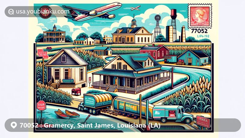 Modern illustration of Gramercy, Saint James Parish, Louisiana, showcasing postal theme with ZIP code 70052, featuring Millet House, Laura Plantation, and sugar cane fields.