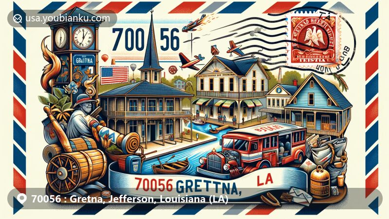 Modern illustration of ZIP Code 70056, Gretna, Jefferson, Louisiana, showcasing historical landmarks like David Crockett Firehouse and Gretna Green Blacksmith Shop, along with cultural events and outdoor activities.