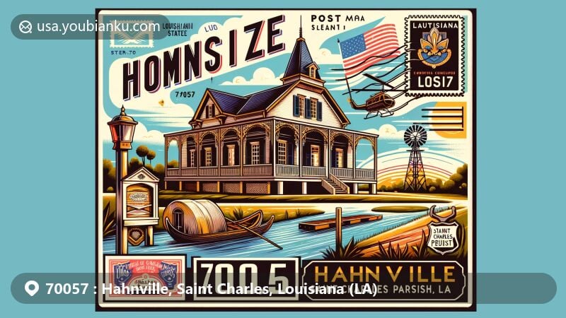 Modern illustration of Hahnville, Saint Charles Parish, Louisiana, featuring Homeplace Plantation House and Mississippi River, incorporating Louisiana state flag and Saint Charles Parish outline, with postal elements like vintage airmail envelope and ZIP Code 70057.