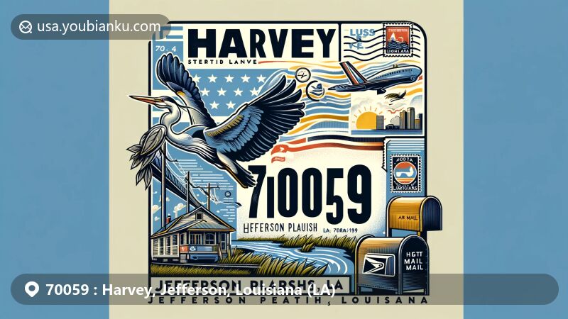 Modern illustration of Harvey, Jefferson Parish, Louisiana, representing ZIP code 70059, featuring iconic symbols of Metro New Orleans like the Mississippi River and Louisiana heron, set against a stylized background of Jefferson Parish.