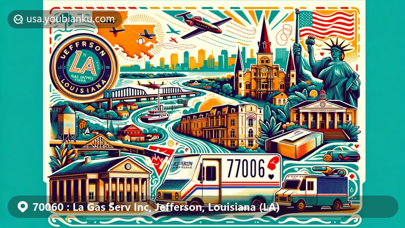 Modern illustration of La Gas Serv Inc area in Jefferson Parish, Louisiana, blending urban and natural landscapes with key landmarks like Ochsner Medical Center, vintage postal elements, and Louisiana's geographical identity.