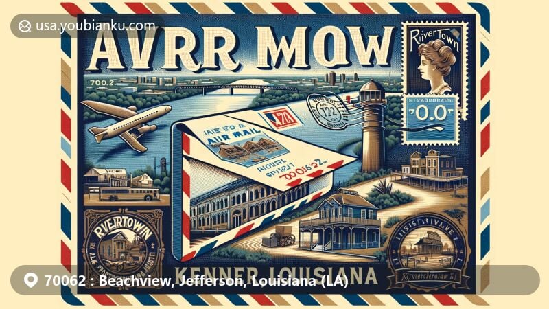 Vintage-style air mail envelope with ZIP Code 70062, set in Kenner, Louisiana, featuring Rivertown historic district and landmarks, including bare-knuckle boxing championship monument and Lake Pontchartrain shores.