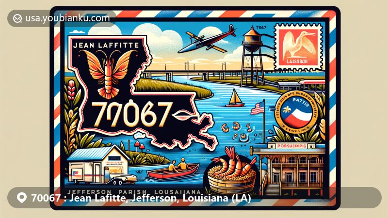 Modern illustration of Jean Lafitte, Jefferson County, Louisiana, with postal theme featuring ZIP code 70067, showcasing Jefferson Parish outline, Mississippi River, and symbols of seafood industry like historical shrimp drying practices.