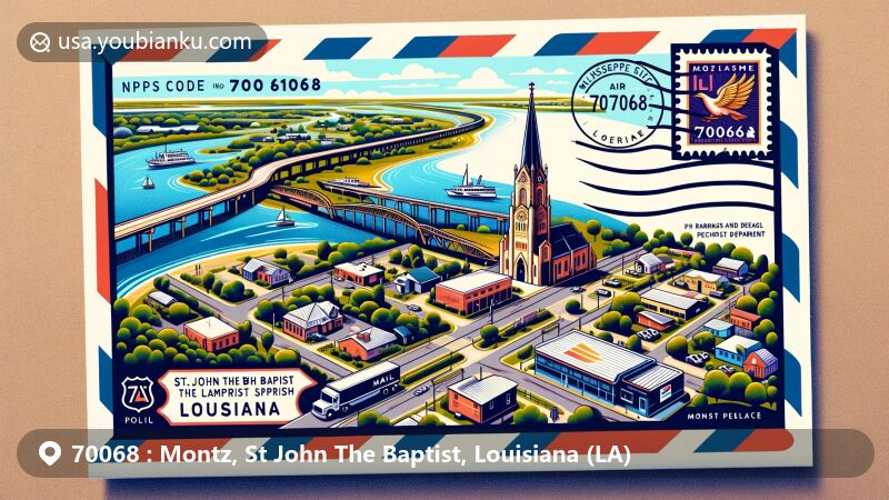 Modern illustration of Montz, St. John the Baptist Parish, Louisiana, capturing essence with Mississippi River and vibrant community park, symbolizing LaPlace's position on the east bank in the 'German Coast' section.
